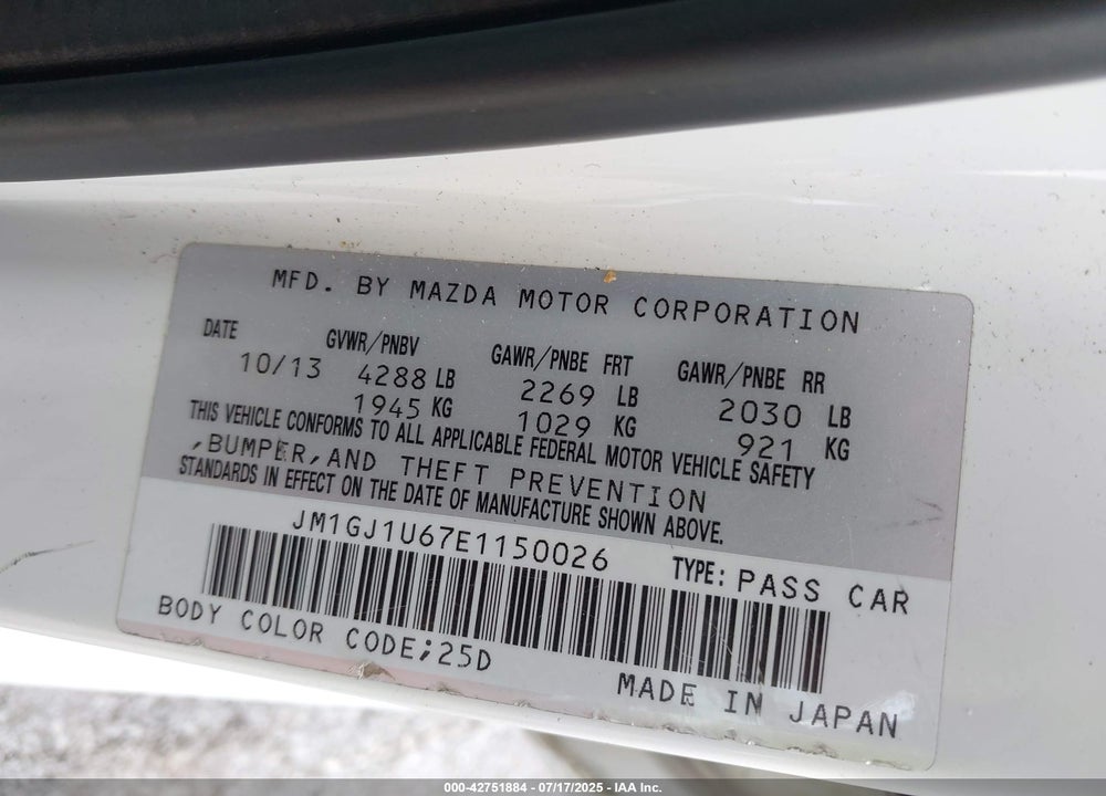 2014 MAZDA 6 VIN: JM1GJ1U67E1150026