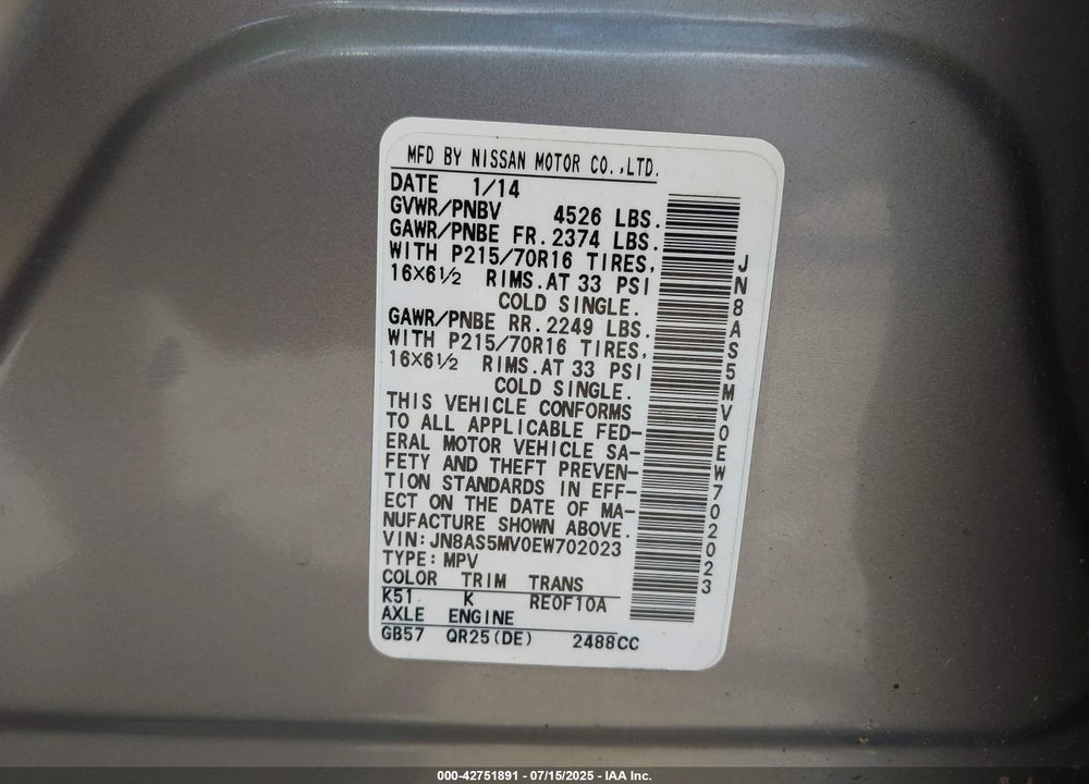 2014 NISSAN ROGUE SELECT VIN: JN8AS5MV0EW702023