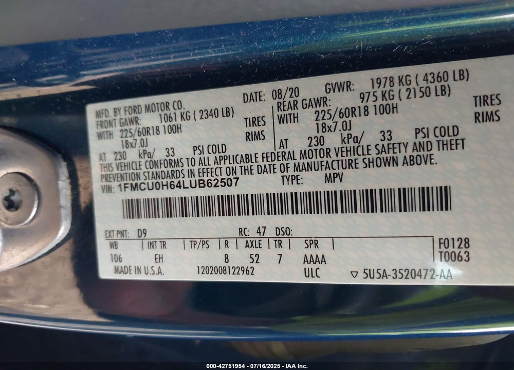 2020 FORD ESCAPE VIN: 1FMCU0H64LUB62507