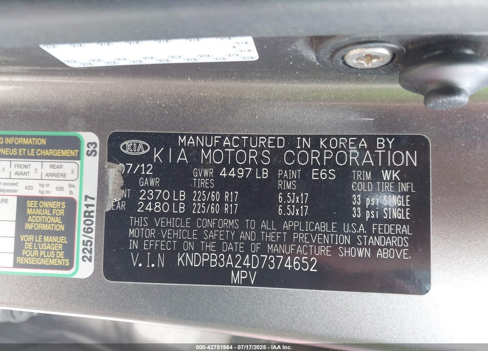 2013 KIA SPORTAGE VIN: KNDPB3A24D7374652