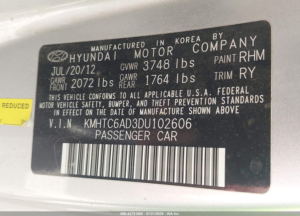2013 HYUNDAI VELOSTER VIN: KMHTC6AD3DU102606