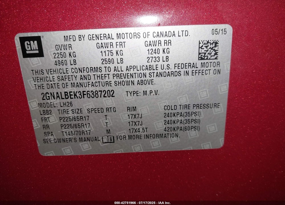 2015 CHEVROLET EQUINOX 1LT VIN: 2GNALBEK3F6387202