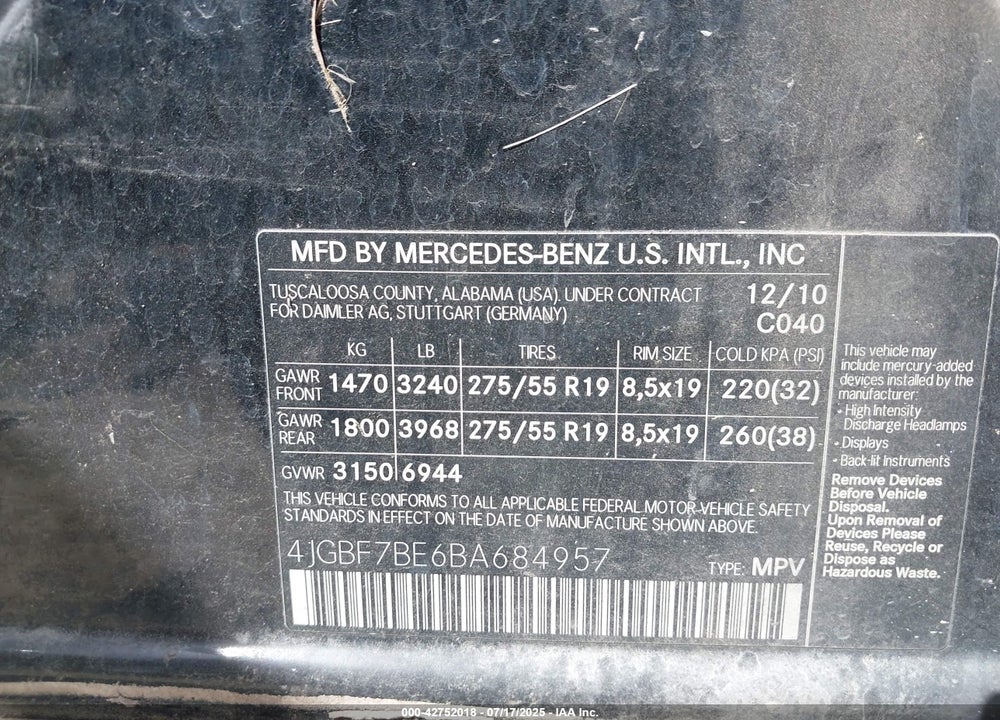 2011 MERCEDES-BENZ GL-CLASS VIN: 4JGBF7BE6BA684957