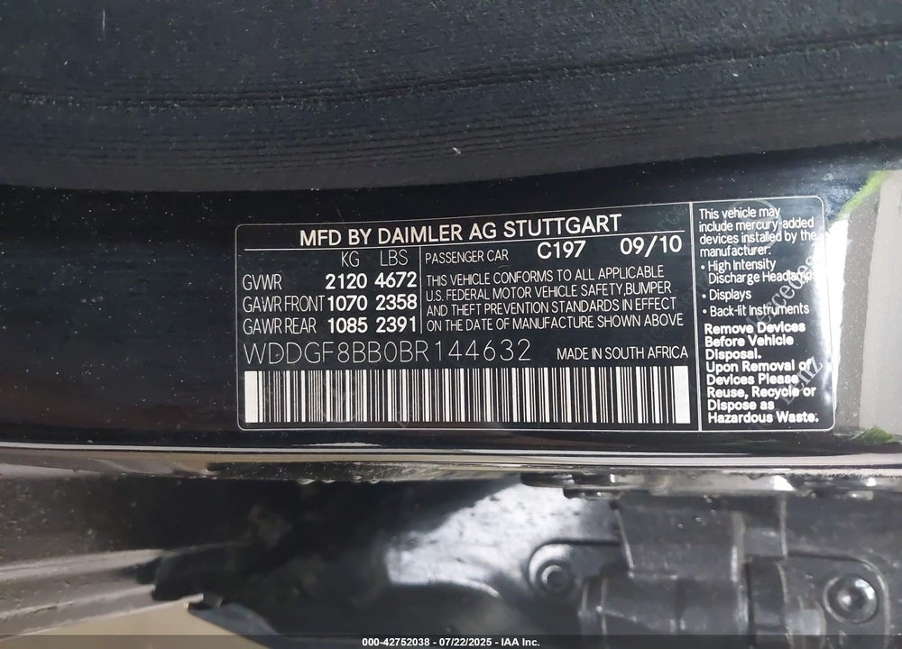 2011 MERCEDES-BENZ C CLASS VIN: WDDGF8BB0BR144632