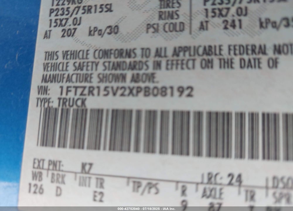 1999 FORD RANGER XL/XLT VIN: 1FTZR15V2XPB08192