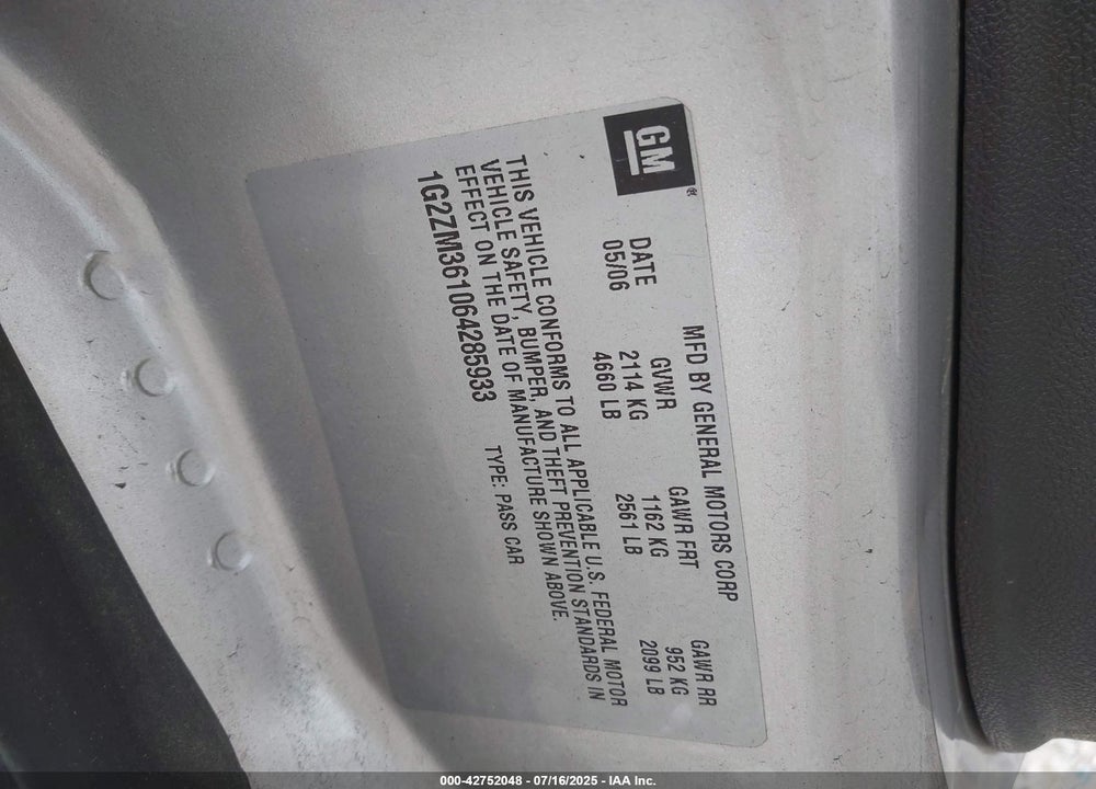 2006 PONTIAC G6 VIN: 1G2ZM361064285933
