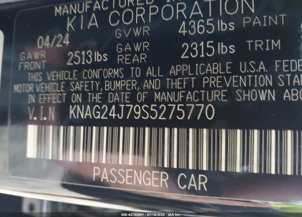 2025 KIA K5 VIN: KNAG24J79S5275770