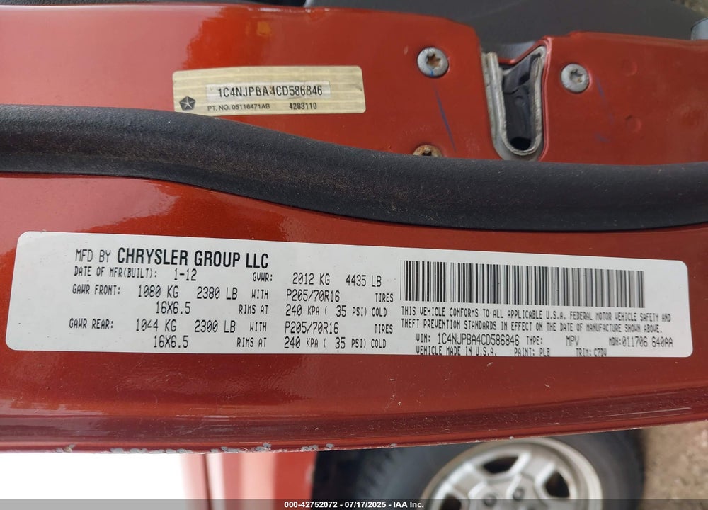 2012 JEEP PATRIOT VIN: 1C4NJPBA4CD586846