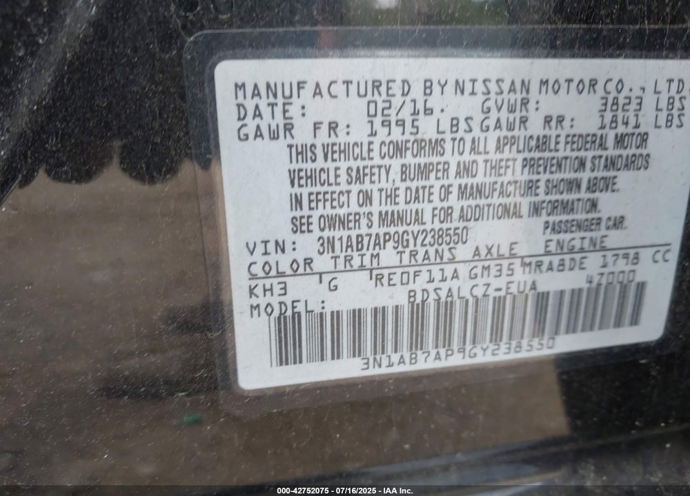 2016 NISSAN SENTRA VIN: 3N1AB7AP9GY238550