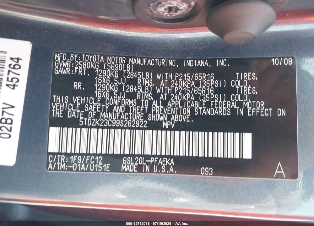 2009 TOYOTA SIENNA LE VIN: 5TDZK23C99S262922