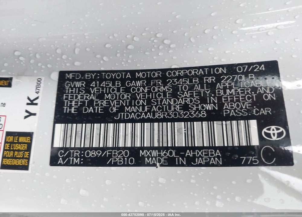 2024 TOYOTA PRIUS VIN: JTDACAAU8R3032368