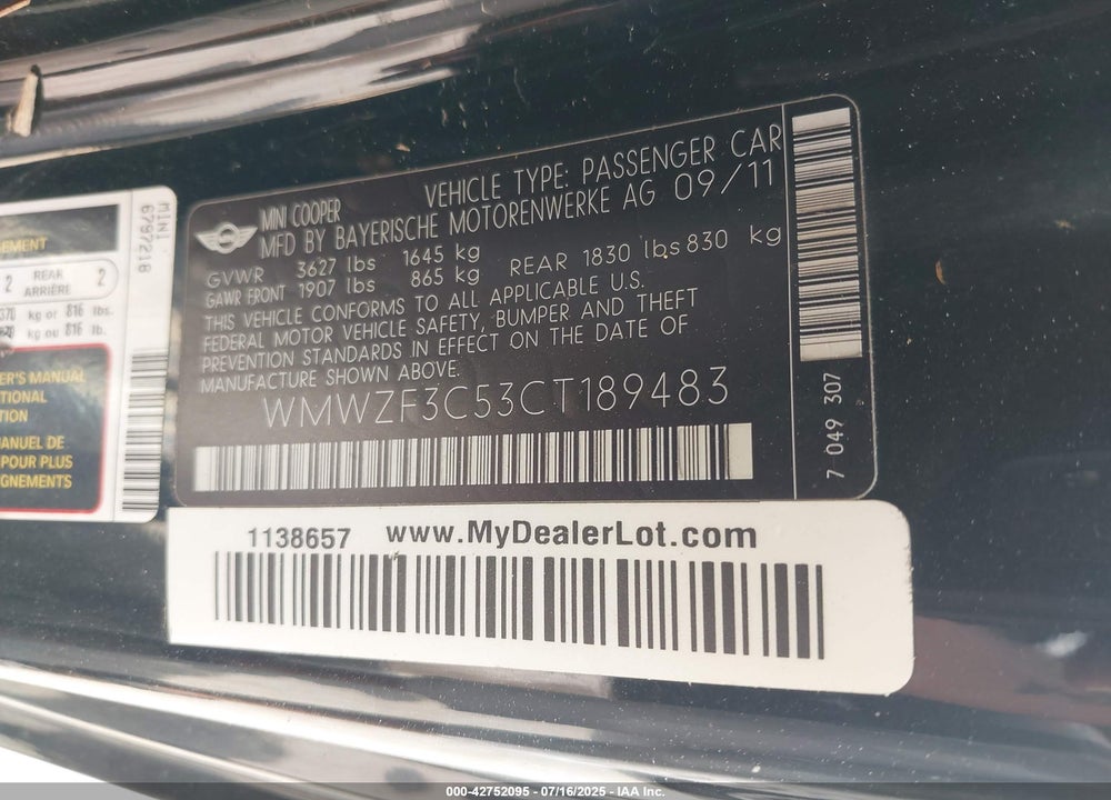 2012 MINI COOPER CLUBMAN VIN: WMWZF3C53CT189483
