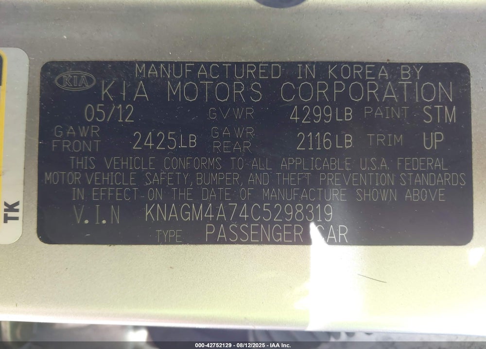2012 KIA OPTIMA VIN: KNAGM4A74C5298319