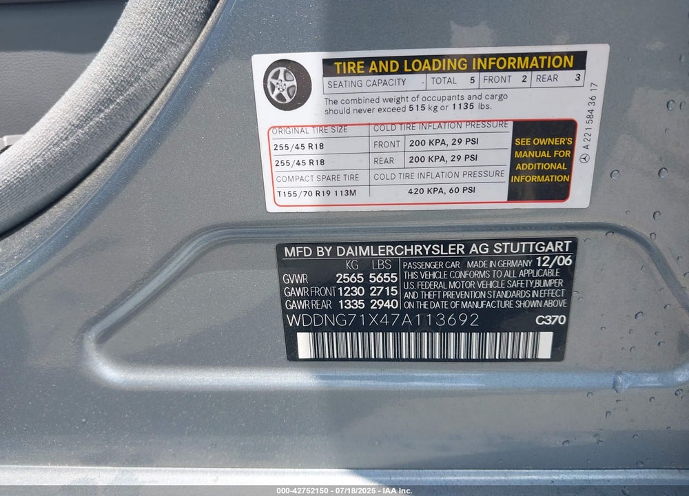 2007 MERCEDES-BENZ S CLASS VIN: WDDNG71X47A113692