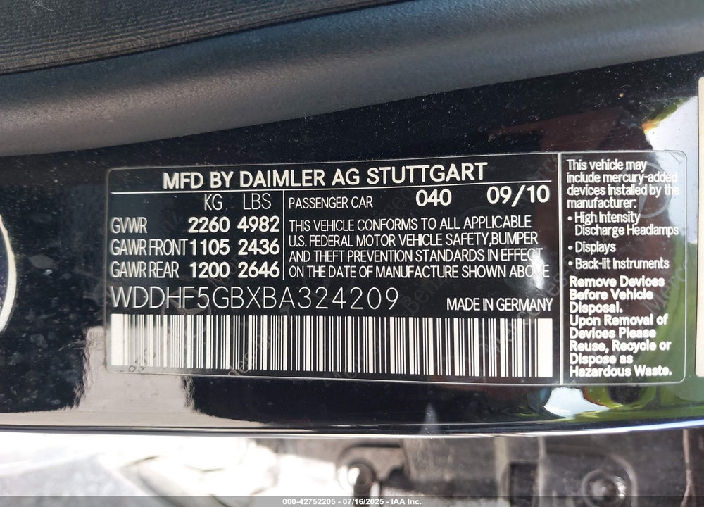 2011 MERCEDES-BENZ E 350 VIN: WDDHF5GBXBA324209