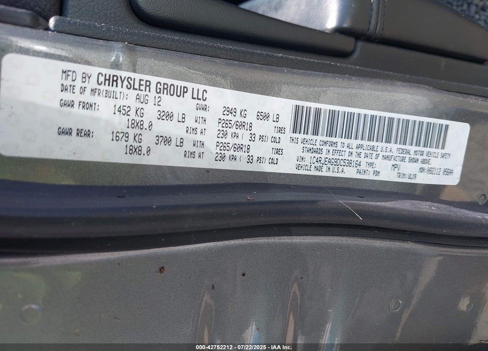 2013 JEEP GRAND CHEROKEE VIN: 1C4RJEAG9DC538164
