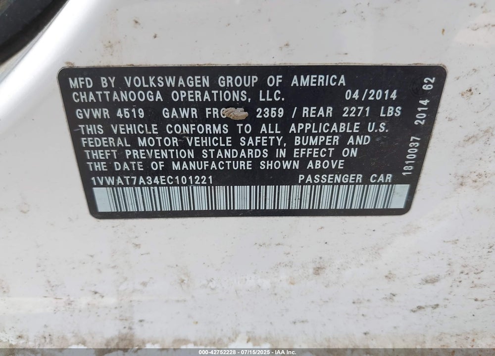 2014 VOLKSWAGEN PASSAT VIN: 1VWAT7A34EC101221