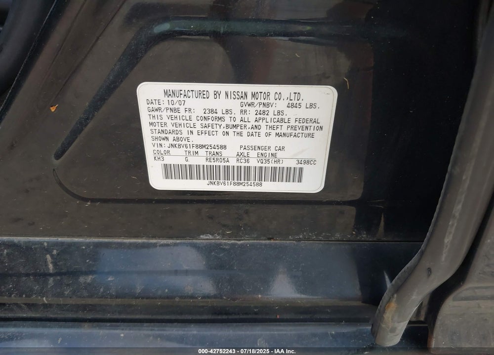 2008 INFINITI G35X VIN: JNKBV61F88M254588