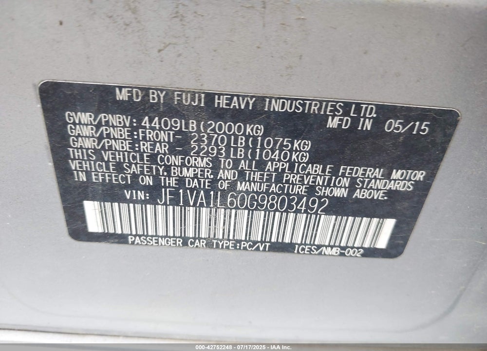2016 SUBARU WRX VIN: JF1VA1L60G9803492