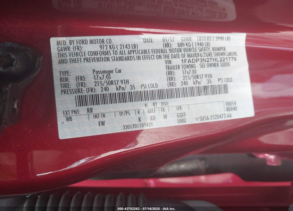 2017 FORD FOCUS VIN: 1FADP3N27HL221779
