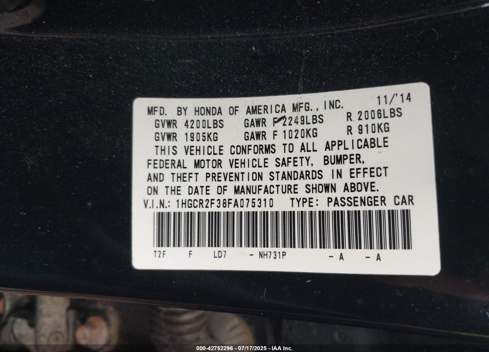 2015 HONDA ACCORD VIN: 1HGCR2F38FA075310