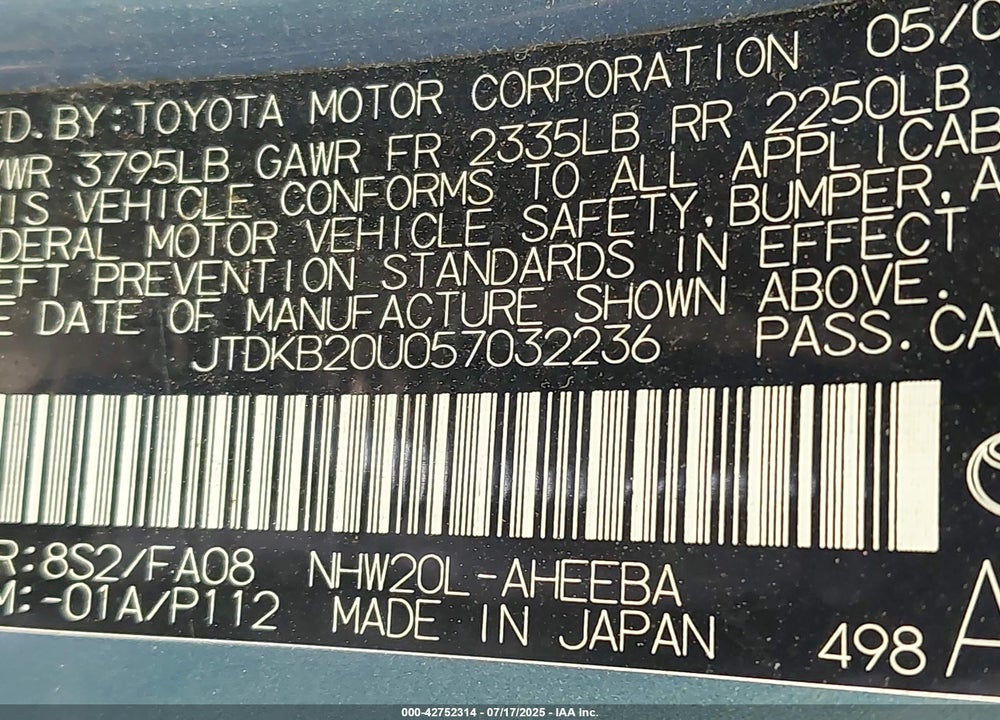 2005 TOYOTA PRIUS VIN: JTDKB20U057032236