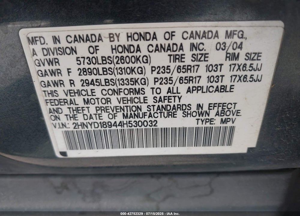 2004 ACURA MDX VIN: 2HNYD18944H530032