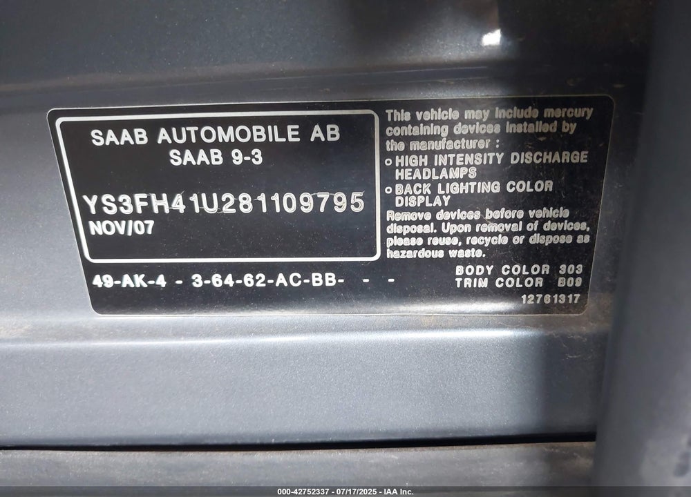 2008 SAAB 9 3 VIN: YS3FH41U281109795