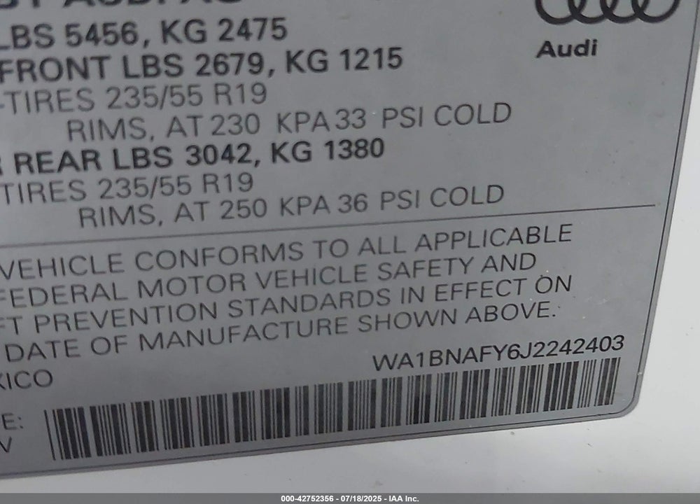 2018 AUDI Q5 VIN: WA1BNAFY6J2242403