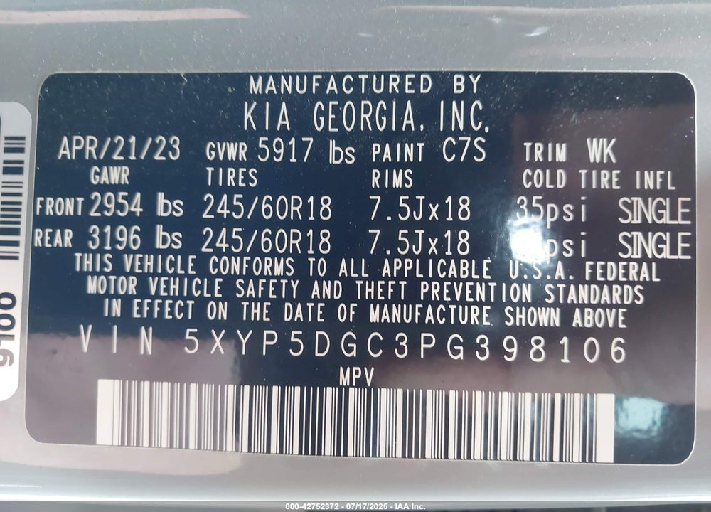 2023 KIA TELLURIDE VIN: 5XYP5DGC3PG398106