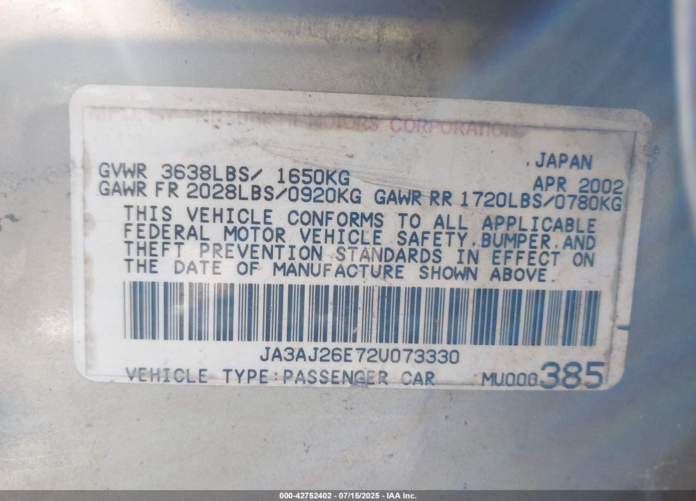 2002 MITSUBISHI LANCER ES VIN: JA3AJ26E72U073330