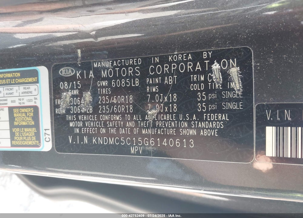 2016 KIA SEDONA EX VIN: KNDMC5C15G6140613