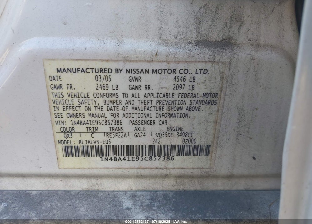 2005 NISSAN MAXIMA 3.5 SE VIN: 1N4BA41E95C857386