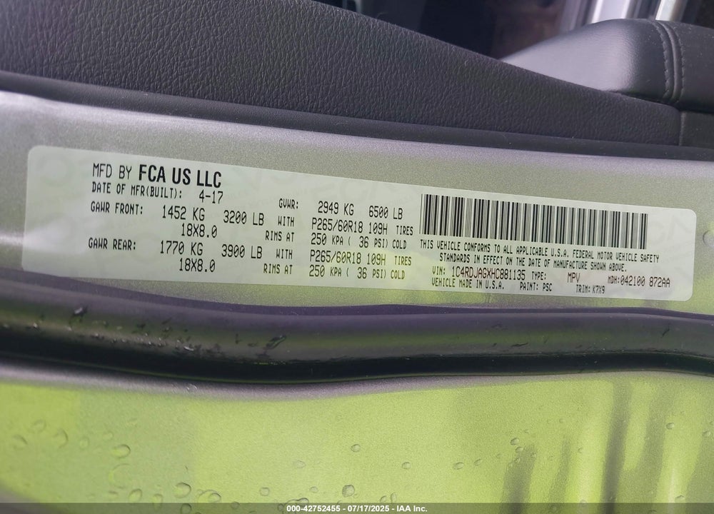 2017 DODGE DURANGO VIN: 1C4RDJAGXHC881135
