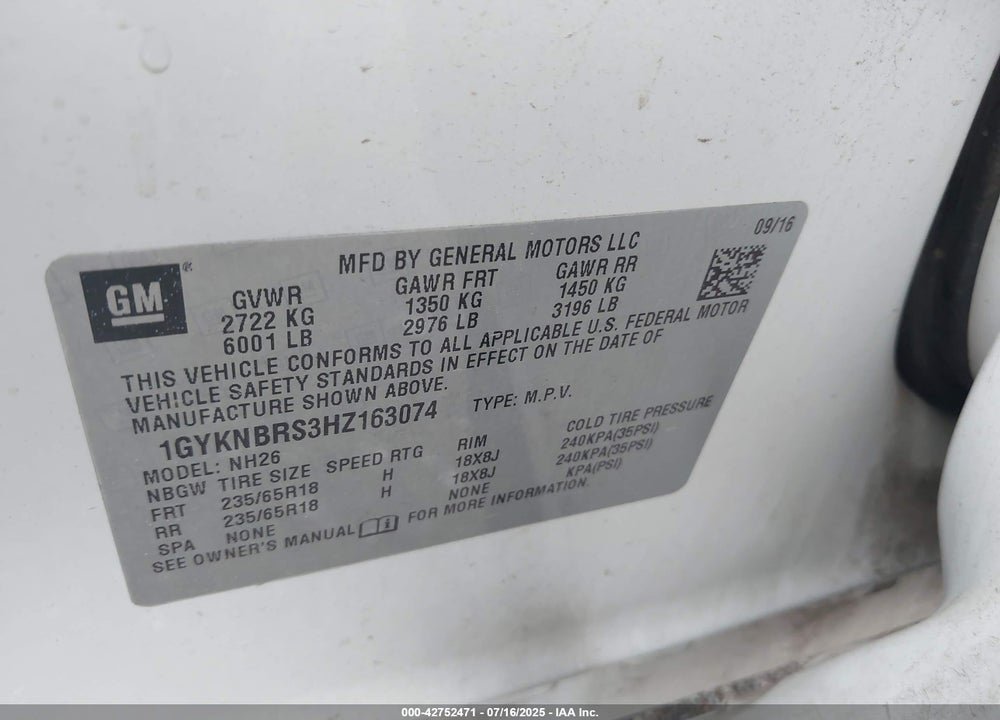2017 CADILLAC XT5 VIN: 1GYKNBRS3HZ163074