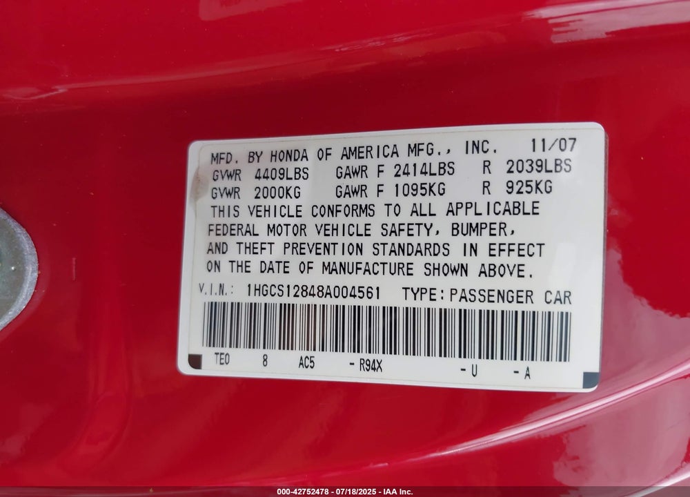 2008 HONDA ACCORD 2.4 EX-L VIN: 1HGCS12848A004561