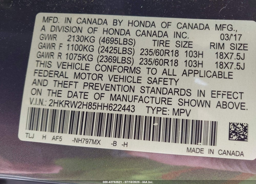 2017 HONDA CR-V VIN: 2HKRW2H85HH622443