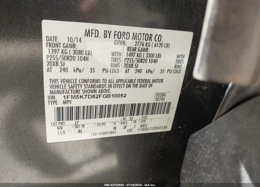 2015 FORD EXPLORER VIN: 1FM5K7D82FGB10052