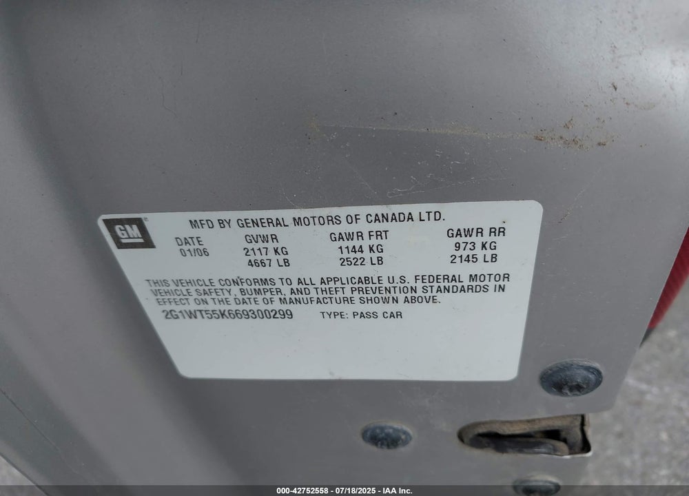 2006 CHEVROLET IMPALA VIN: 2G1WT55K669300299