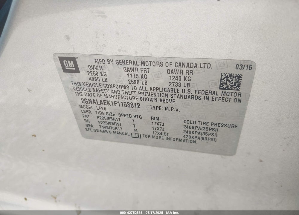 2015 CHEVROLET EQUINOX VIN: 2GNALAEK1F1153812