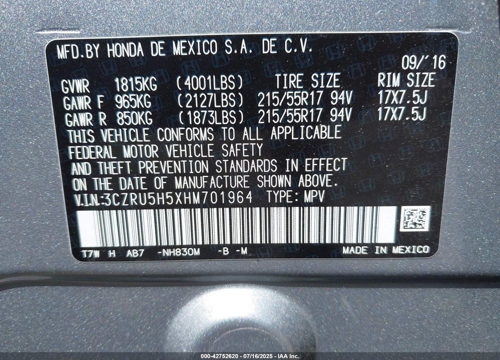 2017 HONDA HR-V VIN: 3CZRU5H5XHM701964