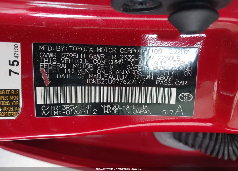 2007 TOYOTA PRIUS VIN: JTDKB20U977622177