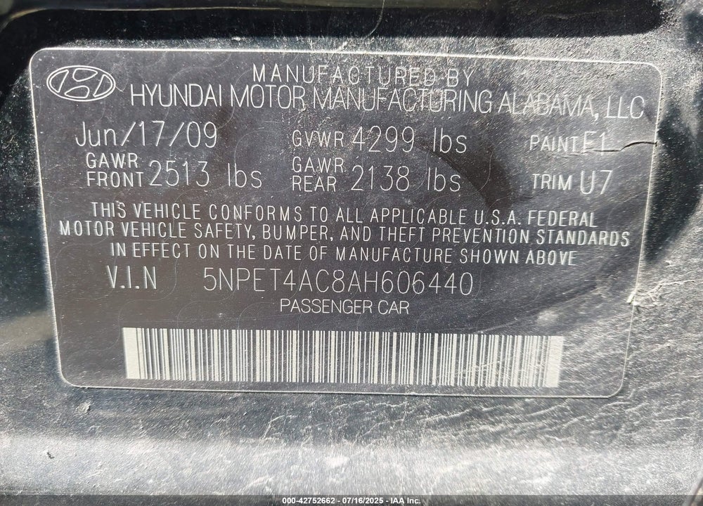 2010 HYUNDAI SONATA VIN: 5NPET4AC8AH606440