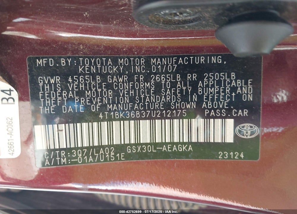 2007 TOYOTA AVALON VIN: 4T1BK36B37U212175