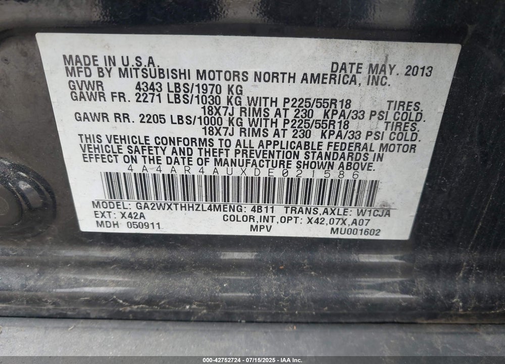 2013 MITSUBISHI OUTLANDER SPORT VIN: 4A4AR4AUXDE021586