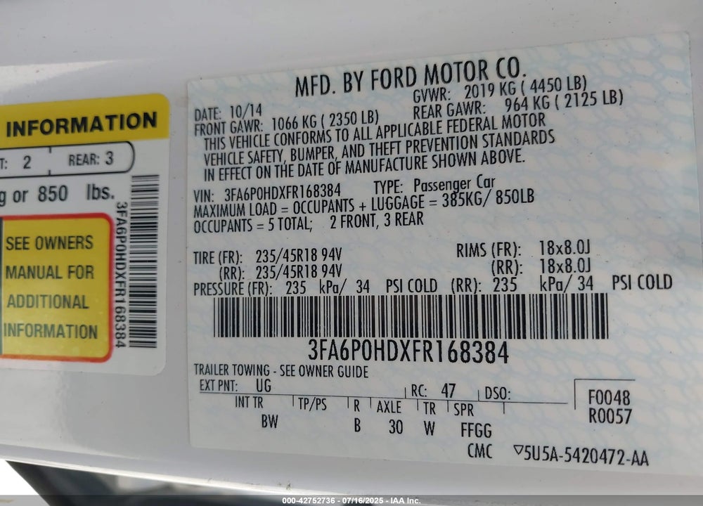 2015 FORD FUSION VIN: 3FA6P0HDXFR168384