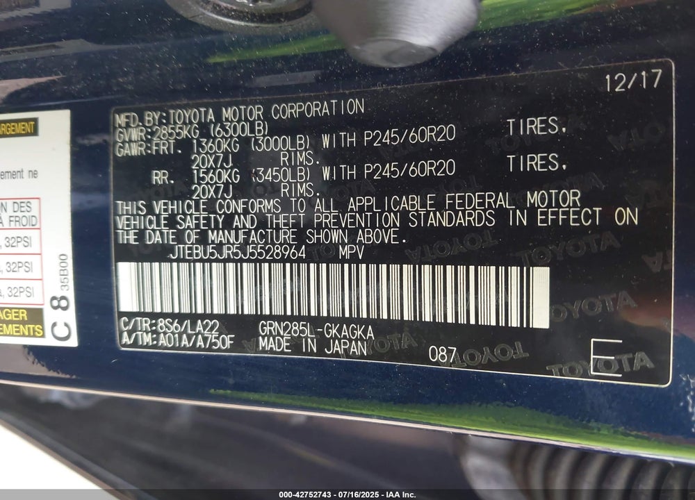 2018 TOYOTA 4RUNNER VIN: JTEBU5JR5J5528964