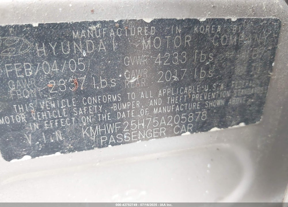 2005 HYUNDAI SONATA VIN: KMHWF25H75A205878