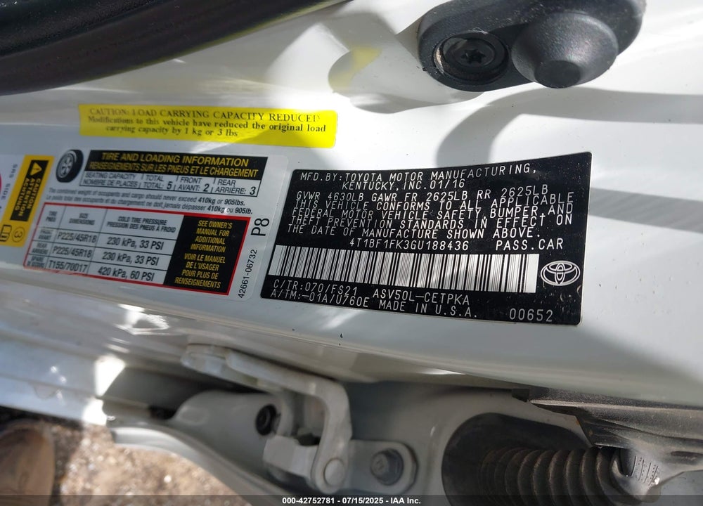 2016 TOYOTA CAMRY VIN: 4T1BF1FK3GU188436
