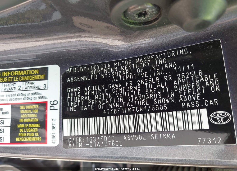 2012 TOYOTA CAMRY VIN: 4T4BF1FK7CR176905